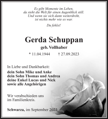 Traueranzeige von Gerda Schuppan von Südthüringer Presse