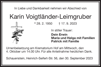 Traueranzeige von Karin Voigtländer-Leimgruber von Frankenpost