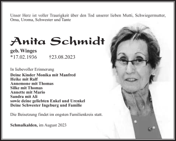 Traueranzeige von Anita Schmidt von Südthüringer Presse