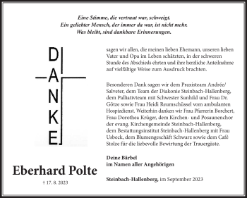 Traueranzeige von Eberhard Polte von Südthüringer Presse