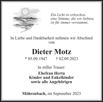 Traueranzeige von Dieter Motz von Südthüringer Presse