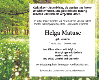 Traueranzeige von Helga Matuse von Südthüringer Presse