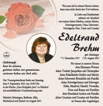 Traueranzeige von Edeltraud Brehm von Südthüringer Presse