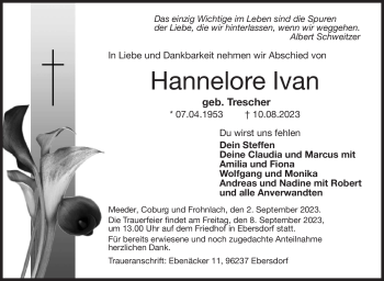 Traueranzeige von Hannelore Ivan von Neue Presse Coburg