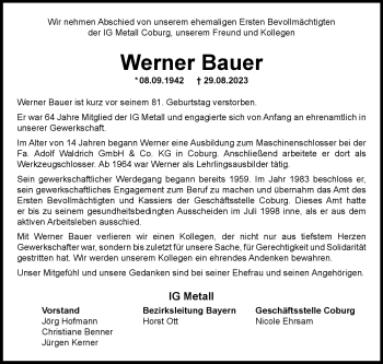 Traueranzeige von Werner Bauer von Neue Presse Coburg