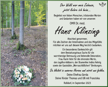 Traueranzeige von Hans Klinzing von Südthüringer Presse