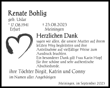 Traueranzeige von Renate Bohlig von Südthüringer Presse