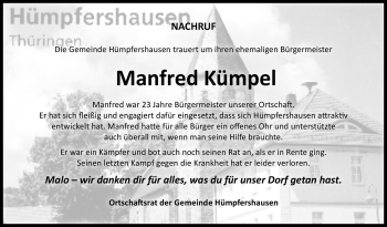Traueranzeige von Manfred Kümpel von Südthüringer Presse