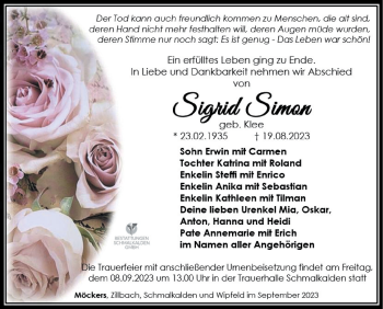 Traueranzeige von Sigrid Simon von Südthüringer Presse
