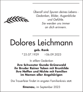 Traueranzeige von Dolores Leichmann von Südthüringer Presse