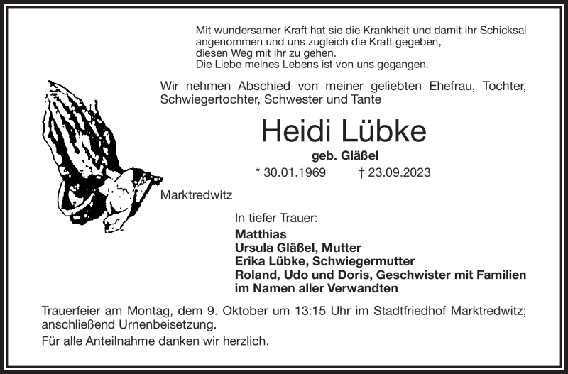  Traueranzeige für Heidi Lübke vom 30.09.2023 aus Frankenpost