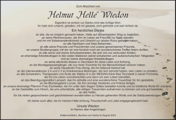 Traueranzeige von Helmut Wiedon von Südthüringer Presse