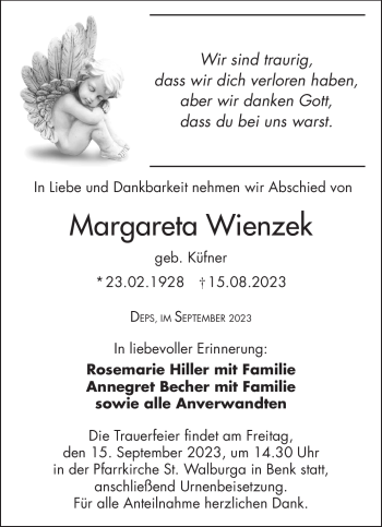 Traueranzeige von Margareta Wienzek von Frankenpost