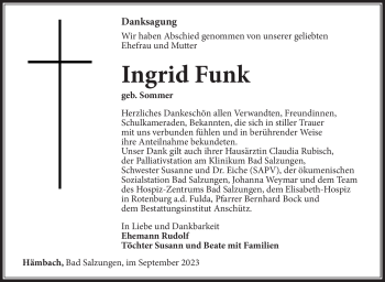 Traueranzeige von Ingrid Funk von Südthüringer Presse