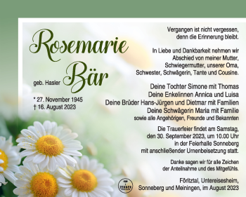 Traueranzeige von Rosemarie Bär von Südthüringer Presse