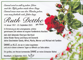 Traueranzeige von Ruth Dettke von Südthüringer Presse