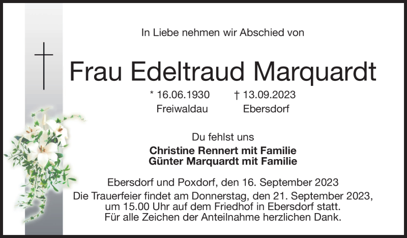  Traueranzeige für Edeltraud Marquardt vom 16.09.2023 aus Neue Presse Coburg