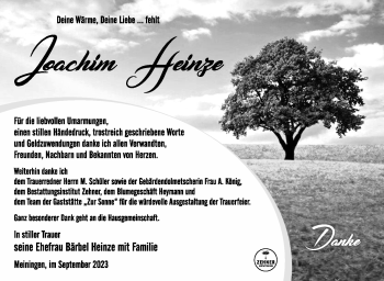Traueranzeige von Joachim Heinze von Südthüringer Presse