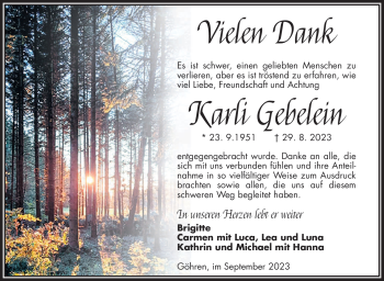 Traueranzeige von Karli Gebelein von Frankenpost