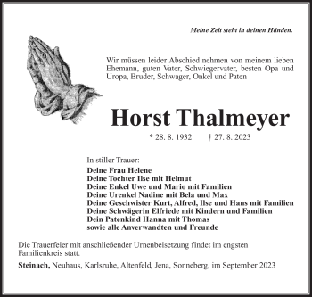 Traueranzeige von Horst Thalmeyer von Südthüringer Presse