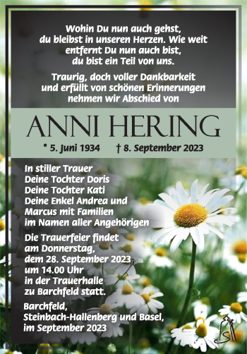 Traueranzeige von Anni Hering von Südthüringer Presse