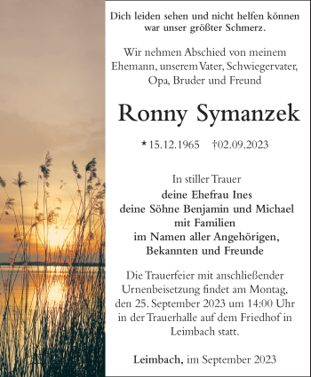 Traueranzeige von Ronny Symanzek von Südthüringer Presse