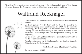 Traueranzeige von Waltraud Recknagel von Neue Presse Coburg