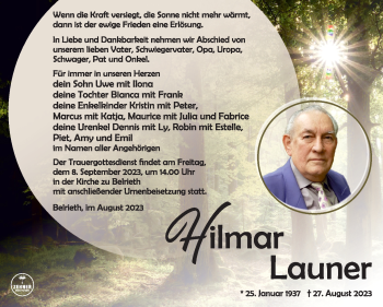 Traueranzeige von Hilmar Launer von Südthüringer Presse