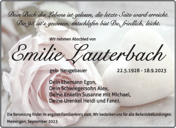 Traueranzeige von Emilie Lauterbach von Südthüringer Presse