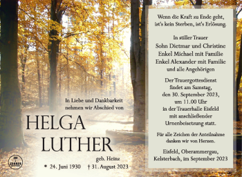 Traueranzeige von Helga Luther von Südthüringer Presse