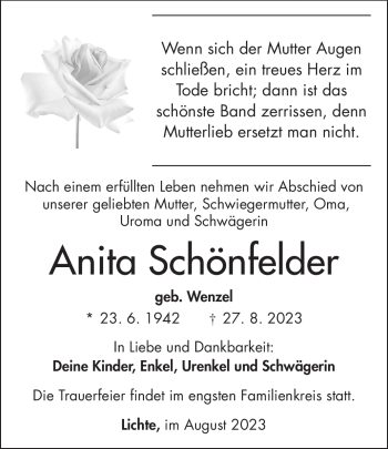 Traueranzeige von Anita Schönfelder von Neue Presse Coburg