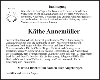 Traueranzeige von Käthe Annemüller von Südthüringer Presse