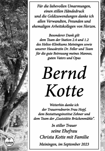 Traueranzeige von Bernd Kotte von Südthüringer Presse