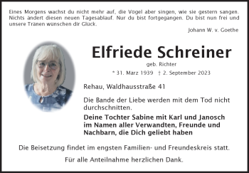 Traueranzeige von Elfriede Schreiner von Frankenpost