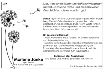 Traueranzeige von Marlene Janke von Südthüringer Presse
