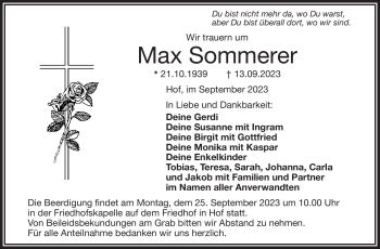 Traueranzeige von Max Sommerer von Frankenpost