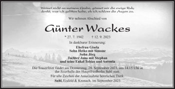 Traueranzeige von Günter Wackes von Südthüringer Presse