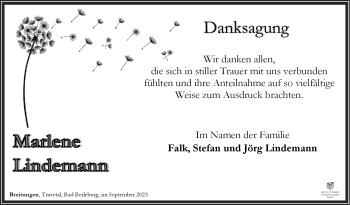 Traueranzeige von Marlene Lindemann von Südthüringer Presse