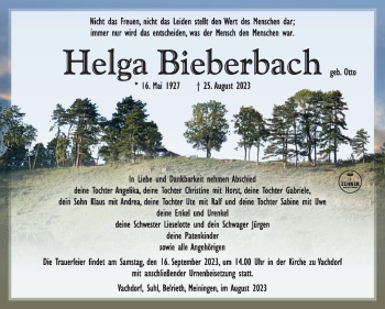 Traueranzeige von Helga Bieberbach von Südthüringer Presse