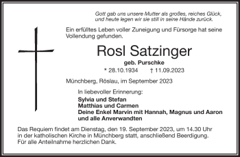Traueranzeige von Rosl Satzinger von Frankenpost