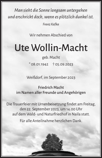 Traueranzeige von Ute Wollin-Macht von Frankenpost