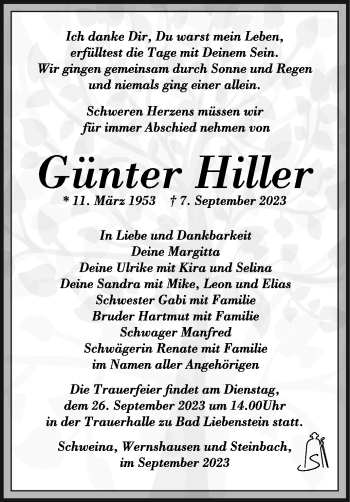 Traueranzeige von Günter Hiller von Südthüringer Presse