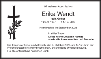 Traueranzeige von Erika Wendt von Frankenpost