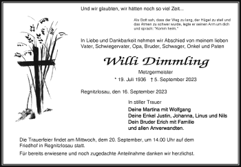 Traueranzeige von Willi Dimmling von Frankenpost