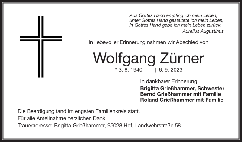  Traueranzeige für Wolfgang Zürner vom 16.09.2023 aus Frankenpost