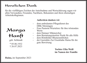 Traueranzeige von Marga Hanft von Südthüringer Presse