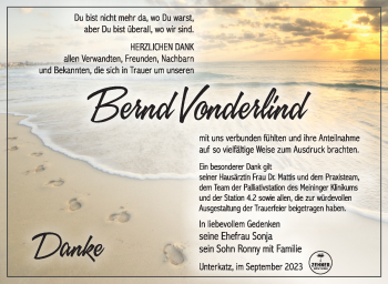 Traueranzeige von Vonderlind Bernd von Südthüringer Presse