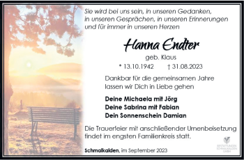 Traueranzeige von Hanna Endter von Südthüringer Presse