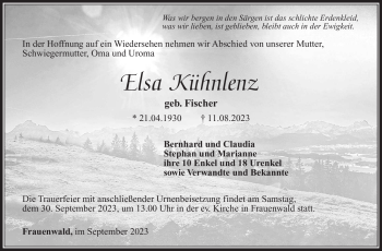 Traueranzeige von Elsa Kühnlenz von Südthüringer Presse