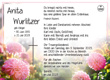 Traueranzeige von Anita Wurlitzer von Südthüringer Presse